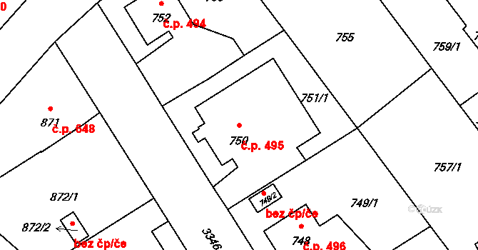 Pelhřimov 495 na parcele st. 750 v KÚ Pelhřimov, Katastrální mapa