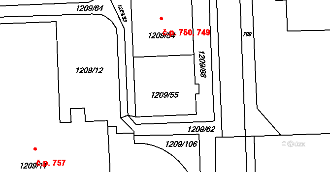 Háje 749,750, Praha na parcele st. 1209/55 v KÚ Háje, Katastrální mapa