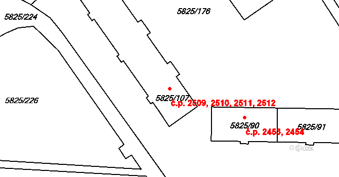 Česká Lípa 2509,2510,2511,2512 na parcele st. 5825/107 v KÚ Česká Lípa, Katastrální mapa