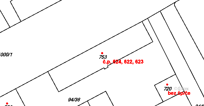 Slezské Předměstí 622,623,624, Hradec Králové na parcele st. 753 v KÚ Slezské Předměstí, Katastrální mapa