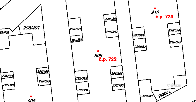 Horoměřice 722 na parcele st. 909 v KÚ Horoměřice, Katastrální mapa