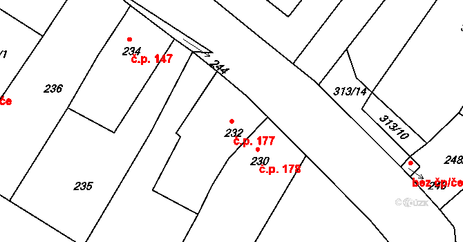 Strupčice 177 na parcele st. 232 v KÚ Strupčice, Katastrální mapa