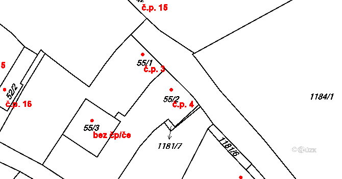 Radostice 4, Vchynice na parcele st. 55/2 v KÚ Radostice u Vchynice, Katastrální mapa