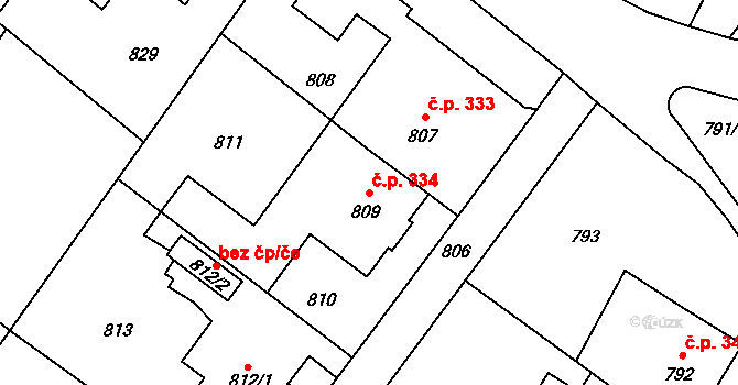 Kopřivnice 334 na parcele st. 809 v KÚ Kopřivnice, Katastrální mapa