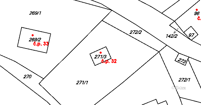 Březí 32, Malečov na parcele st. 271/3 v KÚ Březí u Malečova, Katastrální mapa