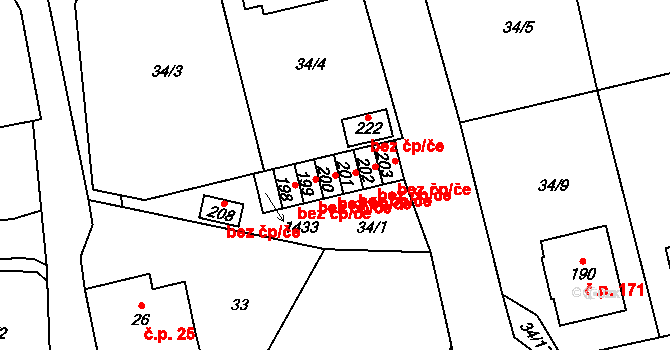 Čestice 40695450 na parcele st. 200 v KÚ Čestice, Katastrální mapa