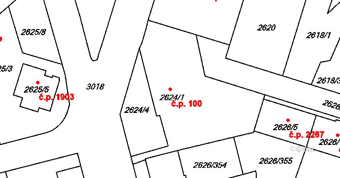 Předměstí 100, Opava na parcele st. 2624/1 v KÚ Opava-Předměstí, Katastrální mapa