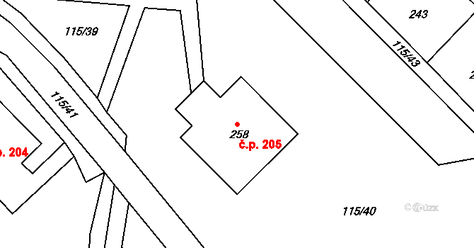 Obrnice 205 na parcele st. 258 v KÚ Obrnice, Katastrální mapa