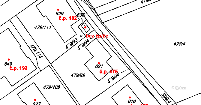 Malé Kyšice 175 na parcele st. 621 v KÚ Malé Kyšice, Katastrální mapa