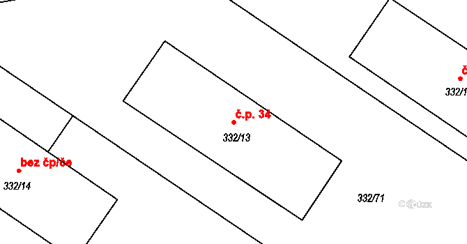 Tušimice 34, Kadaň na parcele st. 332/13 v KÚ Tušimice, Katastrální mapa