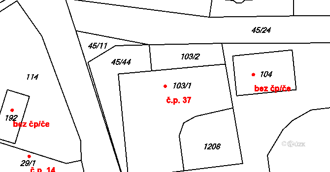 Boudy 37 na parcele st. 103/1 v KÚ Boudy, Katastrální mapa
