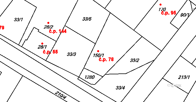 Jestřabí Lhota 78 na parcele st. 150/1 v KÚ Jestřabí Lhota, Katastrální mapa