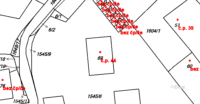 Biřkov 44 na parcele st. 69 v KÚ Biřkov, Katastrální mapa