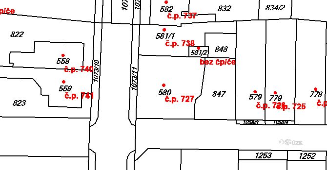 Svítkov 727, Pardubice na parcele st. 580 v KÚ Svítkov, Katastrální mapa