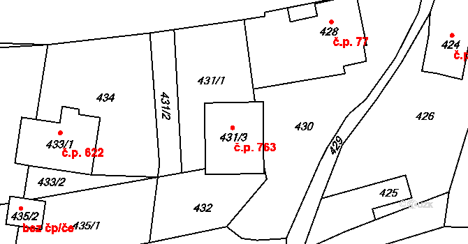 Lipová-lázně 763 na parcele st. 431/3 v KÚ Dolní Lipová, Katastrální mapa