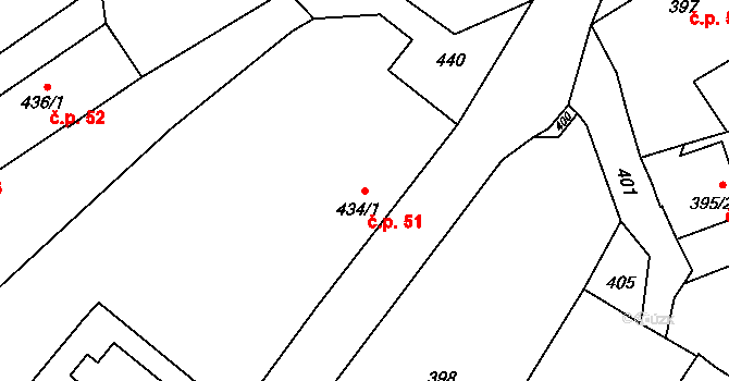 Děrné 51, Fulnek na parcele st. 434/1 v KÚ Děrné, Katastrální mapa