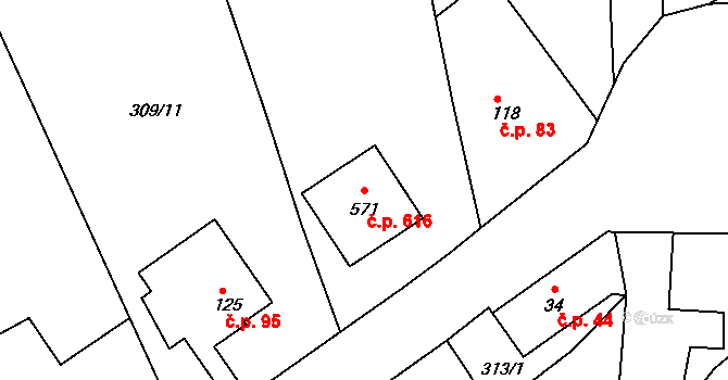 Lubina 616, Kopřivnice na parcele st. 571 v KÚ Drnholec nad Lubinou, Katastrální mapa