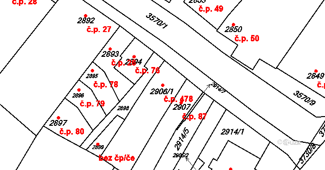 Nosálovice 478, Vyškov na parcele st. 2906/1 v KÚ Vyškov, Katastrální mapa