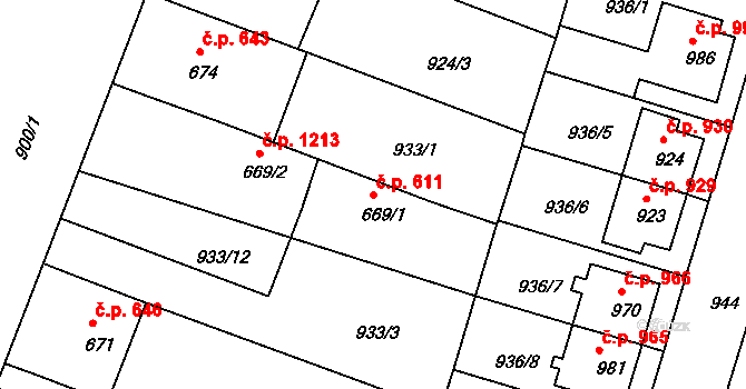 Bystřice pod Hostýnem 611 na parcele st. 669/1 v KÚ Bystřice pod Hostýnem, Katastrální mapa