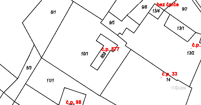 Čebín 577 na parcele st. 858 v KÚ Čebín, Katastrální mapa