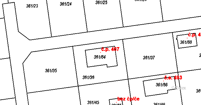 Mstišov 407, Dubí na parcele st. 361/84 v KÚ Mstišov, Katastrální mapa