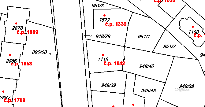 Říčany 1042 na parcele st. 1110 v KÚ Říčany u Prahy, Katastrální mapa