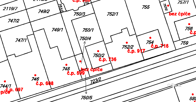 Lužice 736 na parcele st. 750/2 v KÚ Lužice u Hodonína, Katastrální mapa