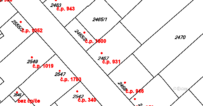 Vracov 931 na parcele st. 2467 v KÚ Vracov, Katastrální mapa