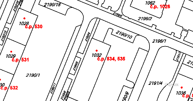 Kyjov 534,535 na parcele st. 1032 v KÚ Kyjov, Katastrální mapa