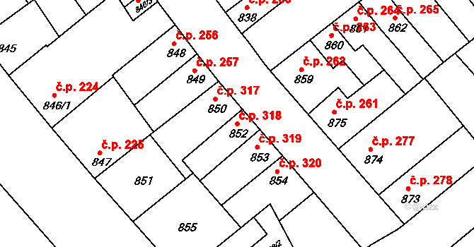 Chropyně 318 na parcele st. 852 v KÚ Chropyně, Katastrální mapa
