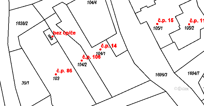 Hlubočany 14 na parcele st. 104/1 v KÚ Hlubočany, Katastrální mapa