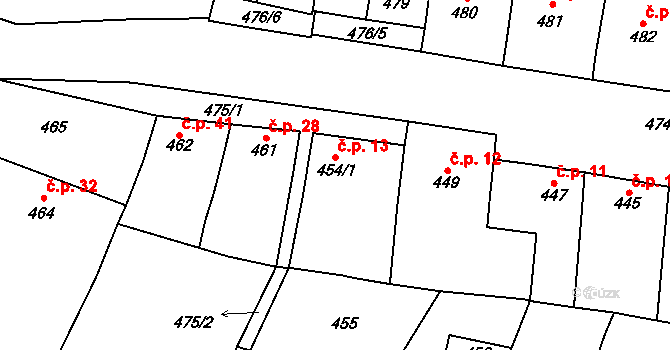Pařezovice 13, Vyškov na parcele st. 454/1 v KÚ Lhota, Katastrální mapa