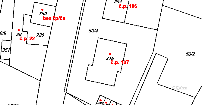 Lovčice 107 na parcele st. 315 v KÚ Lovčice u Nového Bydžova, Katastrální mapa