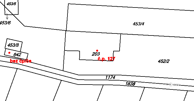 Senice na Hané 127 na parcele st. 203 v KÚ Senice na Hané, Katastrální mapa