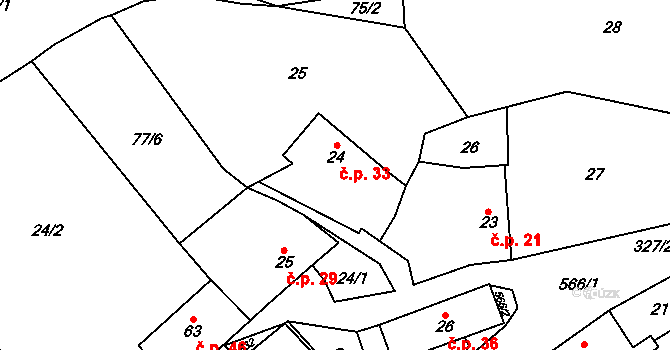 Hvozdec 33 na parcele st. 24 v KÚ Hvozdec, Katastrální mapa