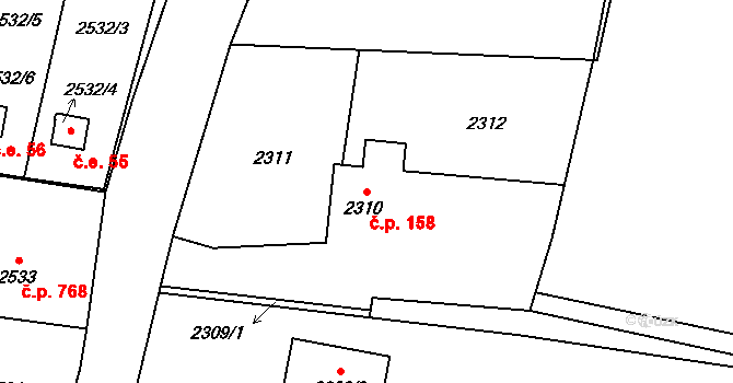 Dolní Lutyně 158 na parcele st. 2310 v KÚ Dolní Lutyně, Katastrální mapa