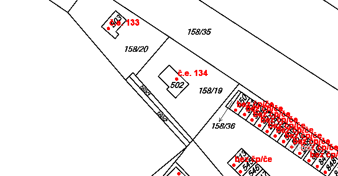 Velké Popovice 134 na parcele st. 502 v KÚ Velké Popovice, Katastrální mapa