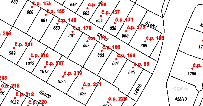 Stařečka 185, Třebíč na parcele st. 863 v KÚ Třebíč, Katastrální mapa