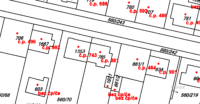 Podklášteří 681, Třebíč na parcele st. 785 v KÚ Podklášteří, Katastrální mapa