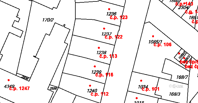 Jejkov 113, Třebíč na parcele st. 1238 v KÚ Třebíč, Katastrální mapa