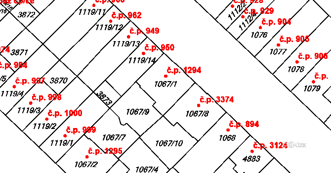 Břeclav 1294 na parcele st. 1067/1 v KÚ Břeclav, Katastrální mapa