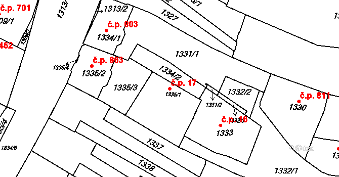 Tuřany 17, Brno na parcele st. 1335/1 v KÚ Tuřany, Katastrální mapa