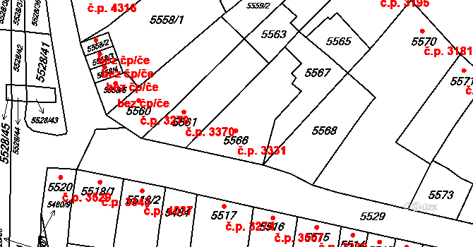 Židenice 3331, Brno na parcele st. 5566 v KÚ Židenice, Katastrální mapa