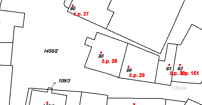 Mělnické Vtelno 26 na parcele st. 98 v KÚ Mělnické Vtelno, Katastrální mapa