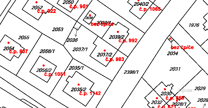 Suchdol 983, Praha na parcele st. 2037/2 v KÚ Suchdol, Katastrální mapa