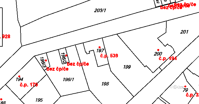 Nebušice 539, Praha na parcele st. 197 v KÚ Nebušice, Katastrální mapa