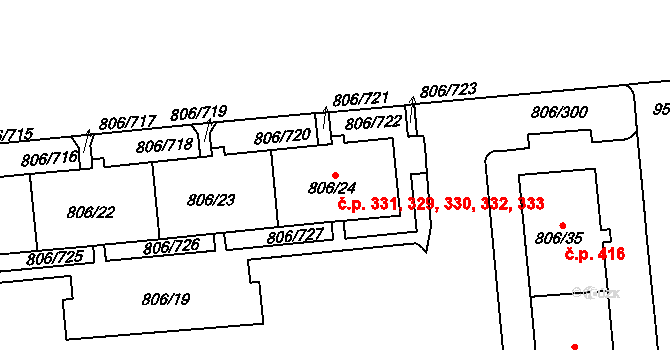Malešice 329,330,331,332,333, Praha na parcele st. 806/22 v KÚ Malešice, Katastrální mapa