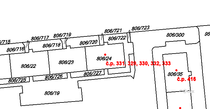 Malešice 329,330,331,332,333, Praha 4 na parcele st. 806/22 v KÚ Malešice, Katastrální mapa