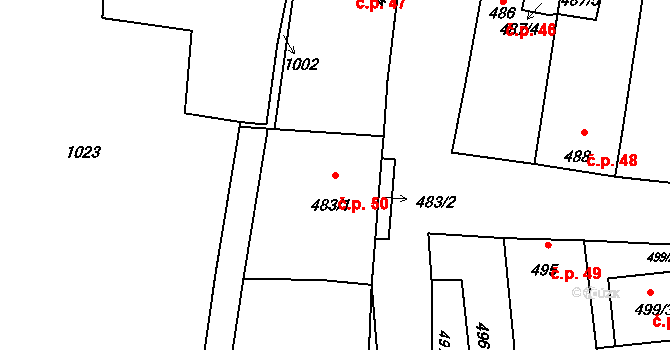 Jevišovka 50 na parcele st. 483/1 v KÚ Jevišovka, Katastrální mapa
