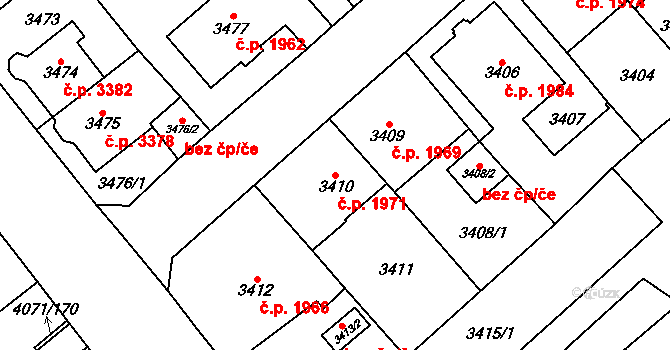 Chomutov 1971 na parcele st. 3410 v KÚ Chomutov I, Katastrální mapa